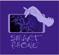 Hand holding smartphone and finger touch on screen. Mobile phone isolated. Vector illustration.